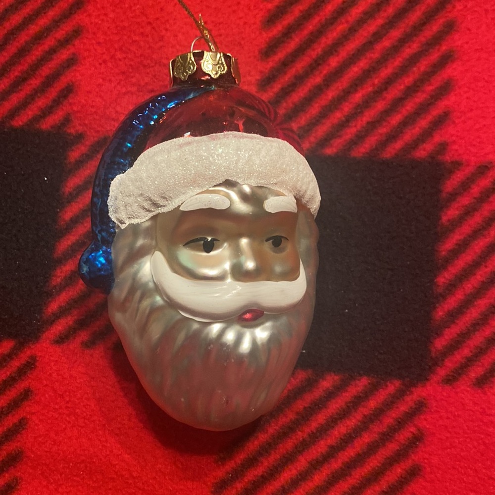 Red white and blue Santa Christmas hand blown bulb.